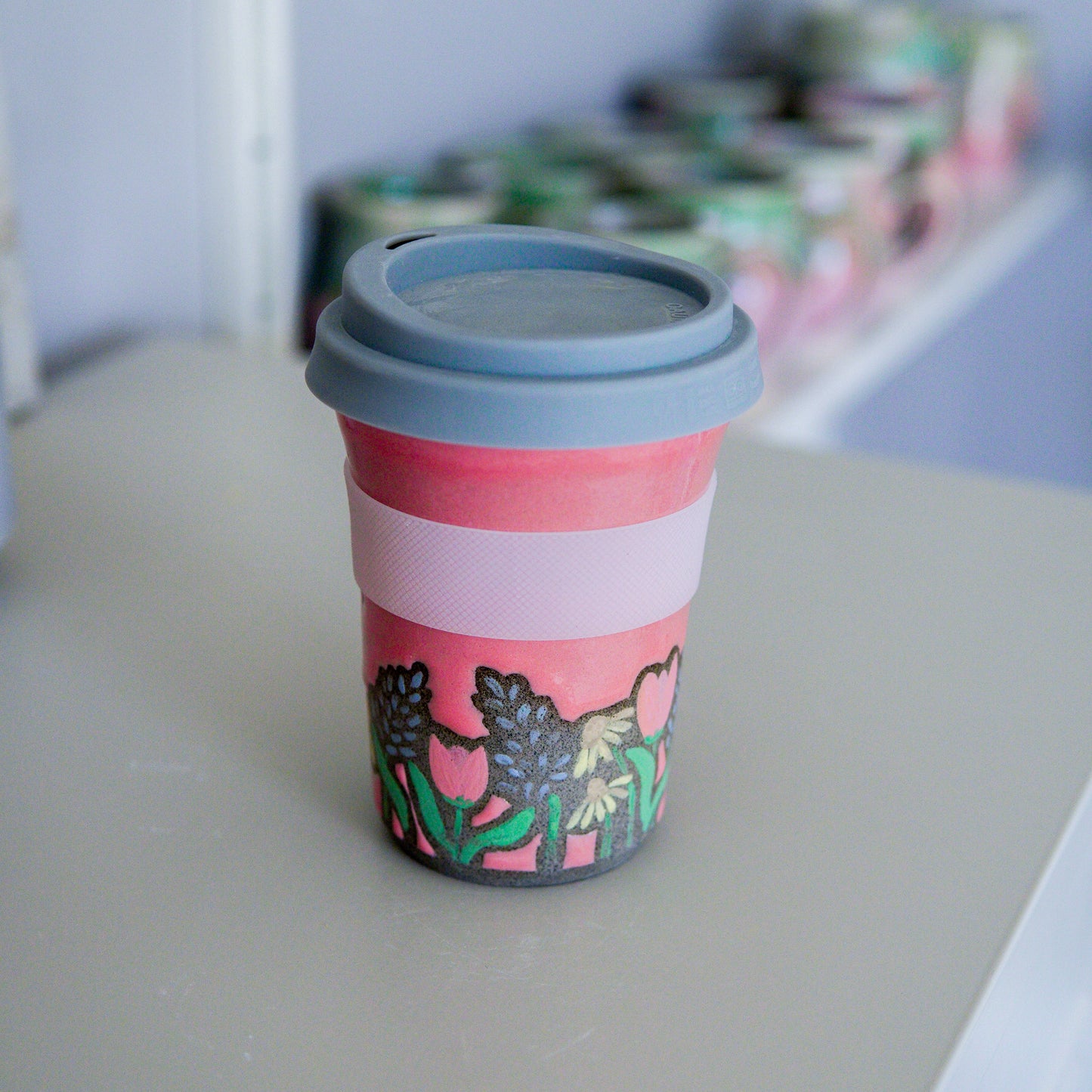 Handpainted Flower Travel Mugs Pink 1