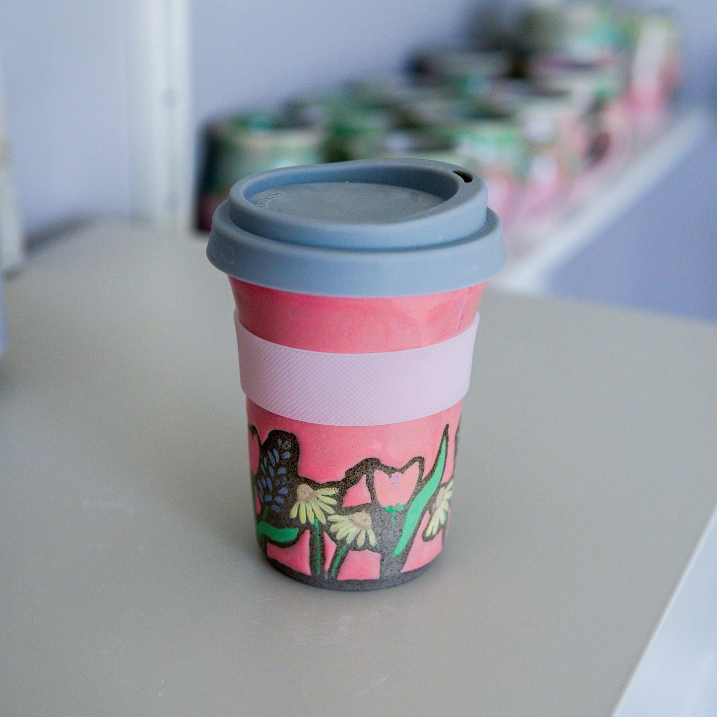 Handpainted Flower Travel Mugs Pink 1