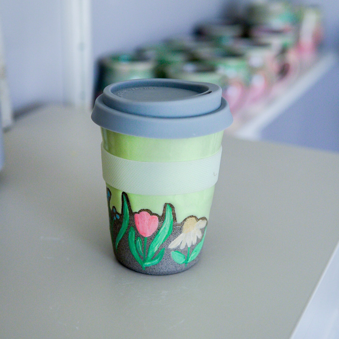 Handpainted Flower Travel Mugs Green 2