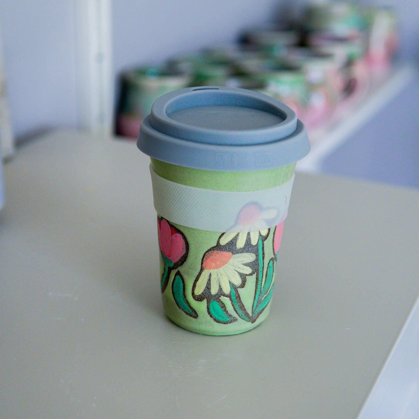 Handpainted Flower Travel Mugs Green 3